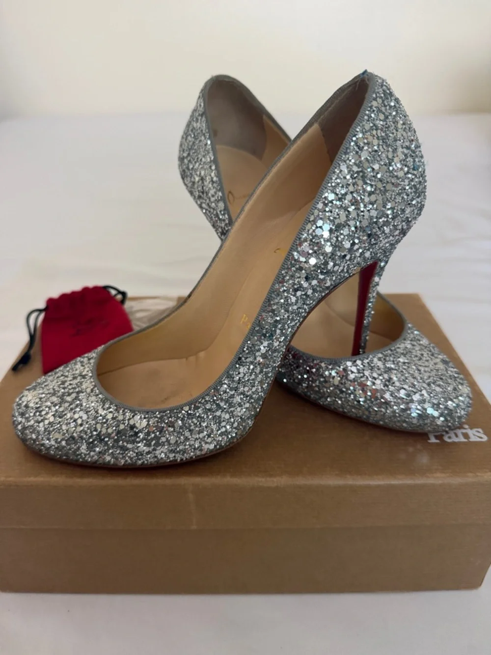 Christian Louboutin Silver Glitter Round-Toe Pumps - Picture 1 of 10
